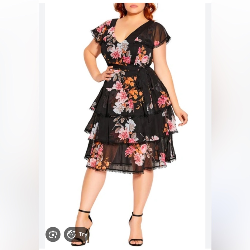 City Chic belted ruffle tiered Floral Crush Black Dress Sz 16 New